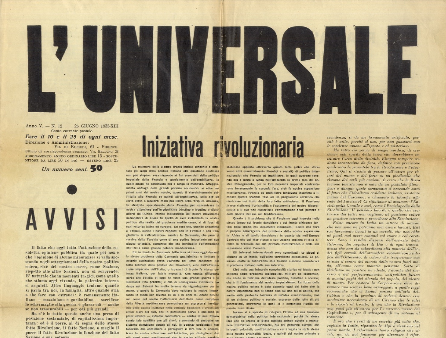 UNIVERSALE (L'). [Direttore Romano Bilenchi]. Anno V, 1935: fascicolo n. …