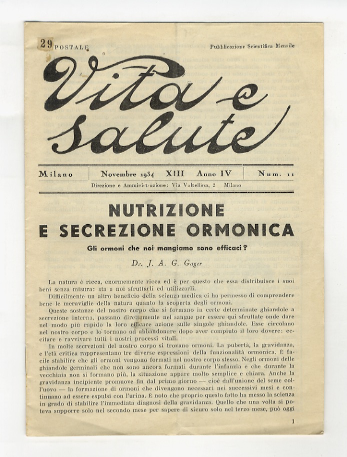 Vita e Salute. Pubblicazione Scientifica Mensile. Anno IV, N. 11. …