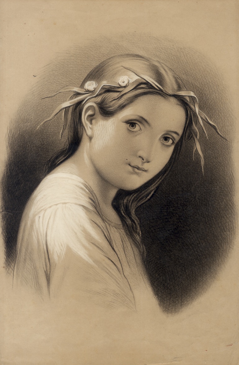 [Volto di bambina con coroncina di nastri e fiori in …