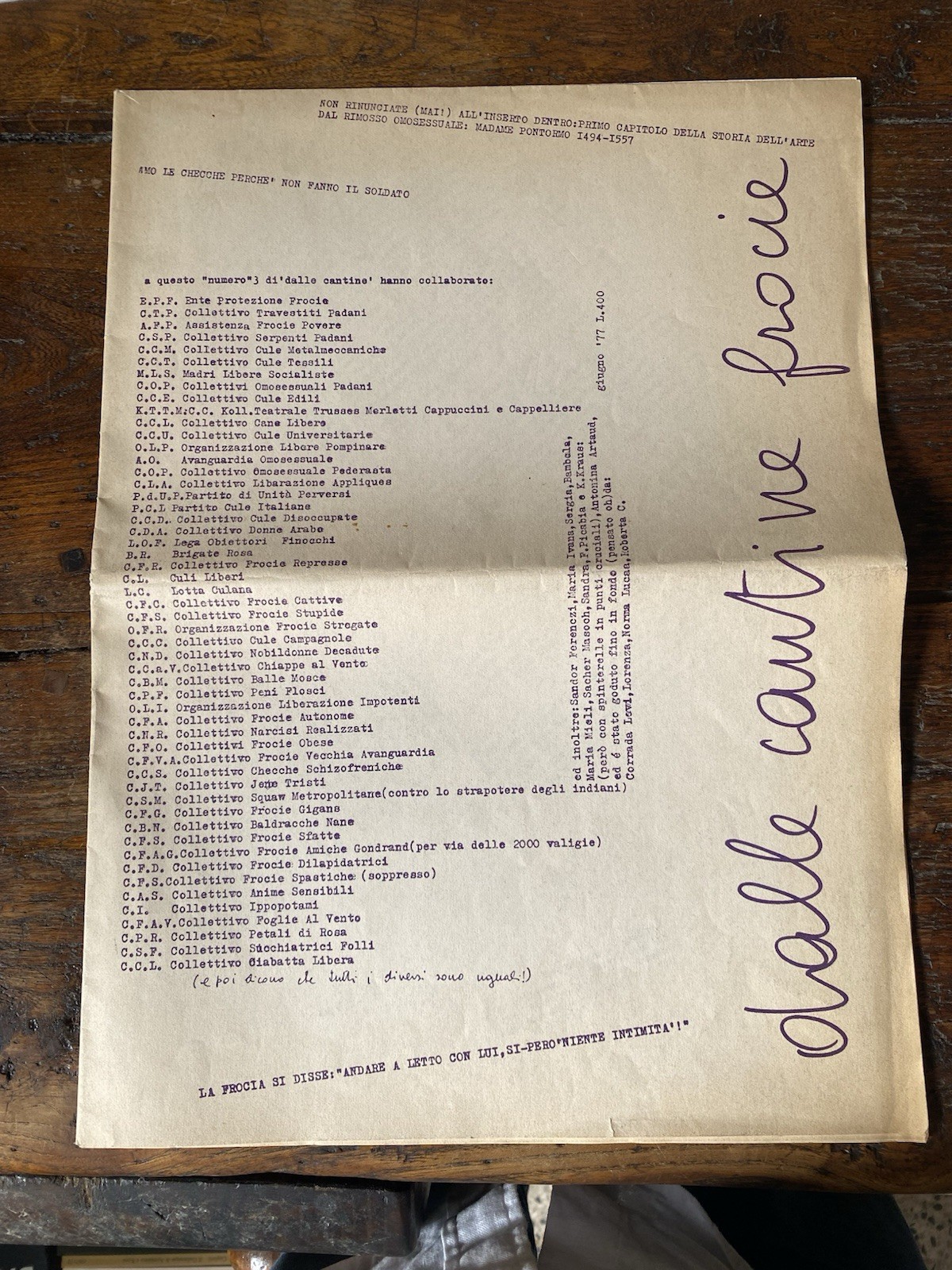 AA.VV. Dalle cantine frocie Rivista-Poster Milano Giugno 1977