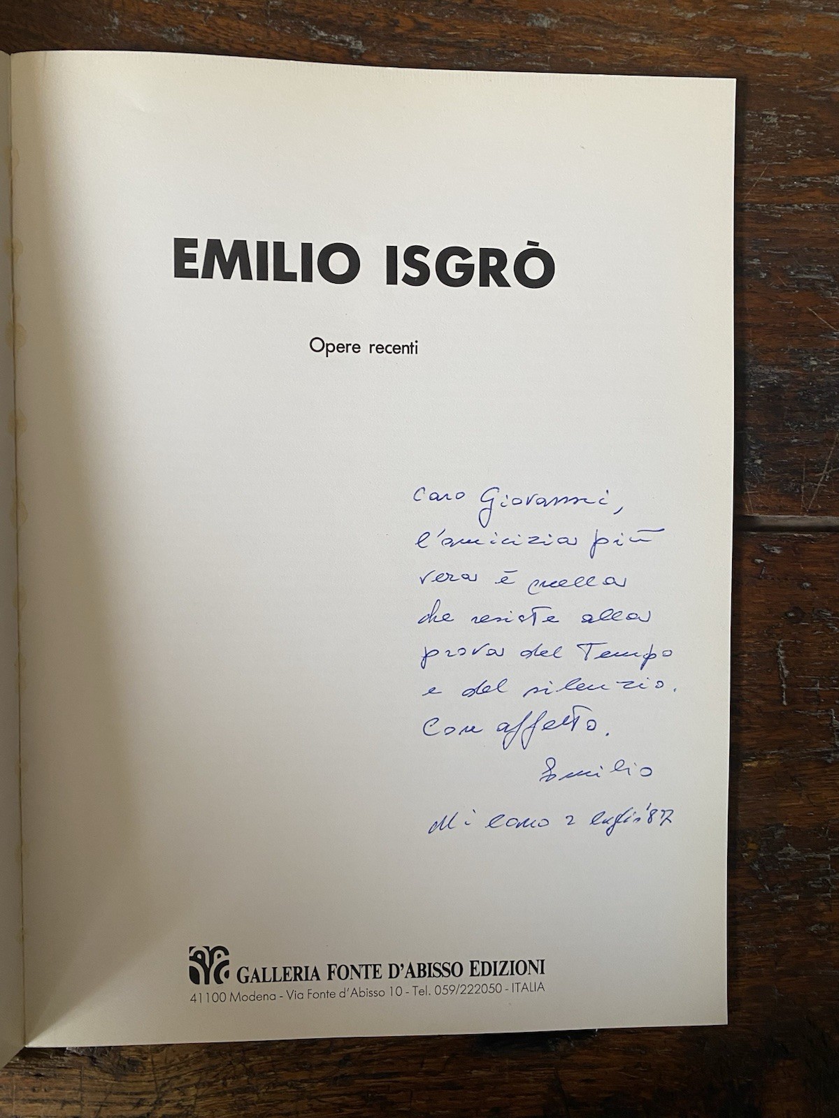 Autografato Isgrò Emilio Opere recenti Modena Galleria Fonte d'Abisso 1987