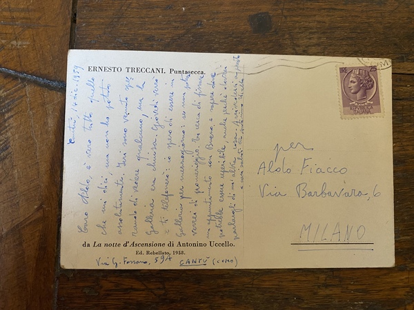 Cartolina postale manoscritta datata e firmata 14 dic. 1959