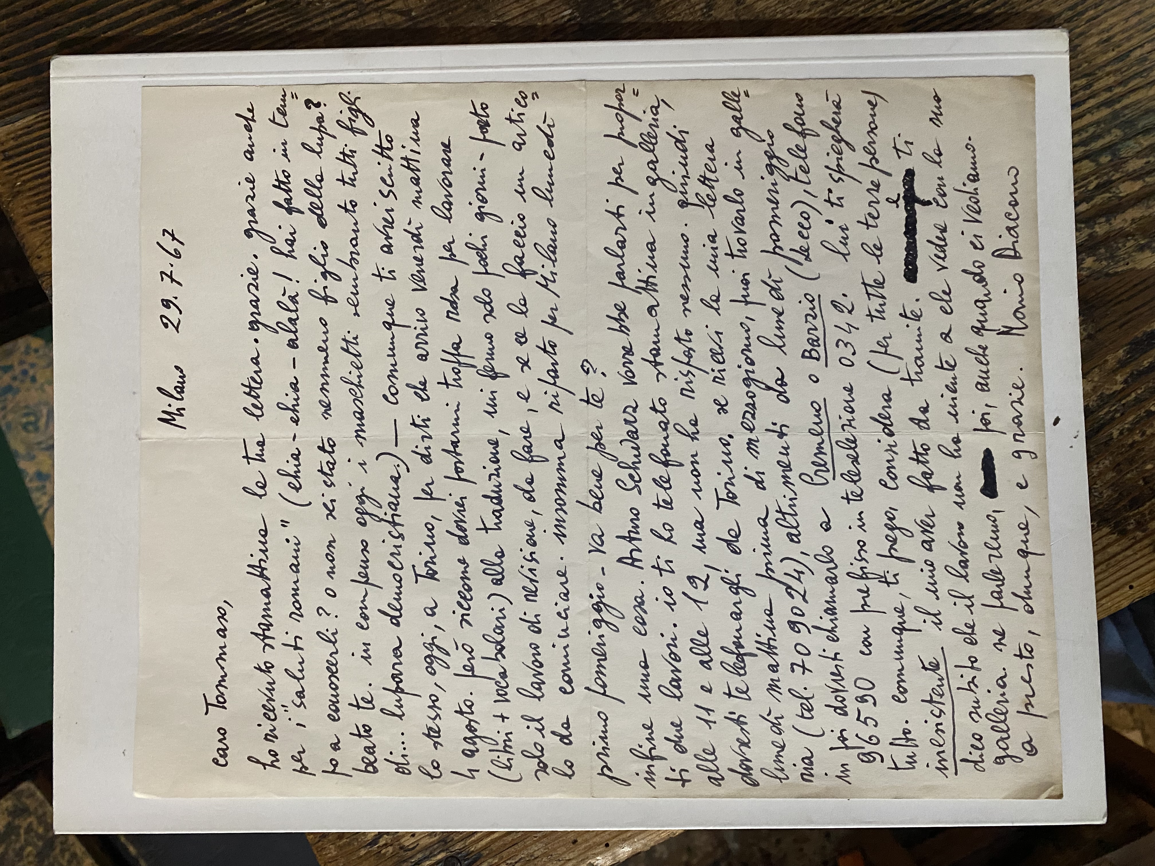 Lettera autografa a piena pagina datata Milano 29.7.67