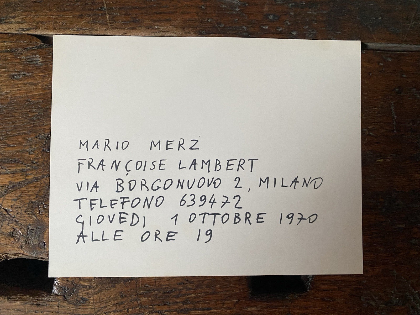 Merz Mario Invito 15 x 19 cm. Milano Galleria Francoise …