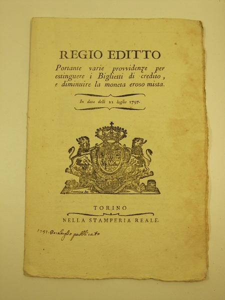 REGIO EDITTO portante varie provvidenze per estinguere i Biglietti di …