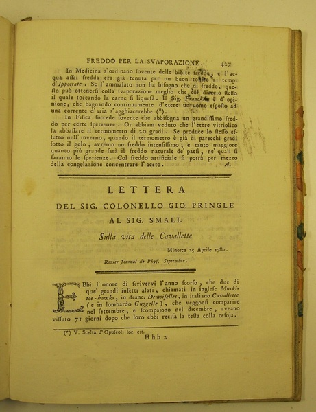 Lettera del sig. collonnello Gio. Pringle al sig. Small sulla …