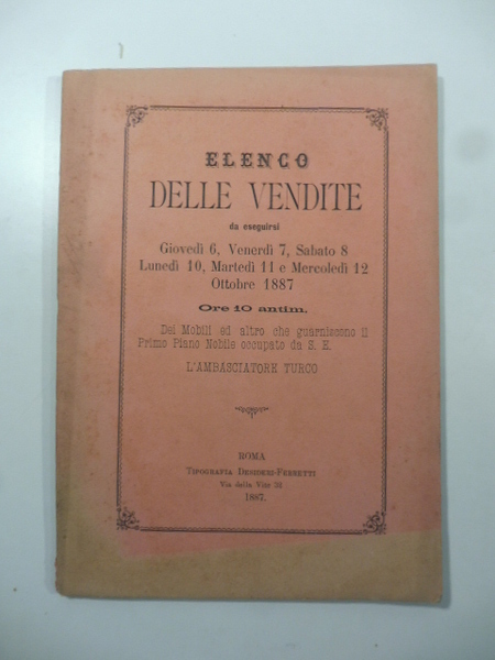 Elenco delle vendite da eseguirsi. ottobre 1887. dei mobili ed …