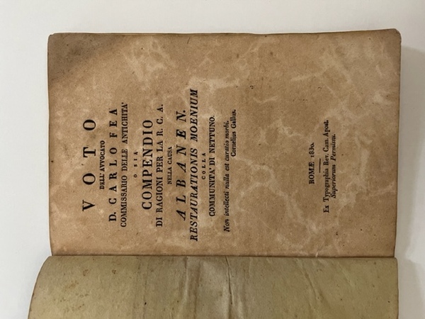 Voto dell'avvocato D. Carlo Fea commissario delle antichita' o sia …