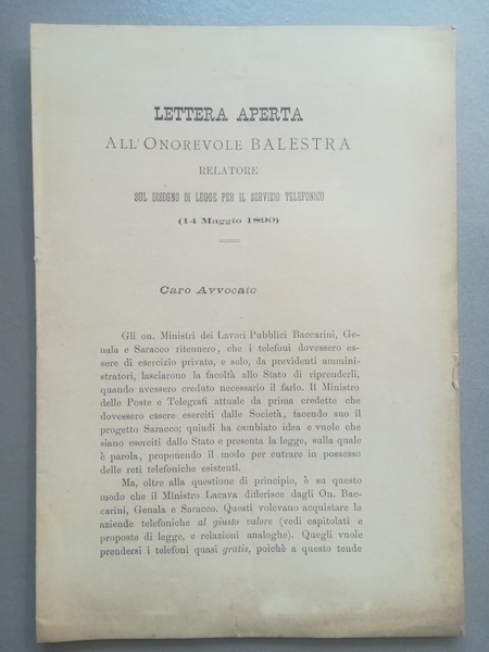 Lettera aperta all'onorevole Balestra relatore sul disegno di legge per …