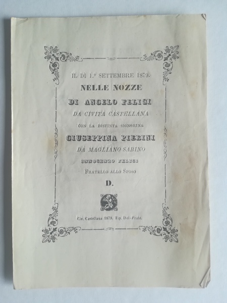 Il di' 1 sttembre 1879 nelle nozze di Angelo Felici …