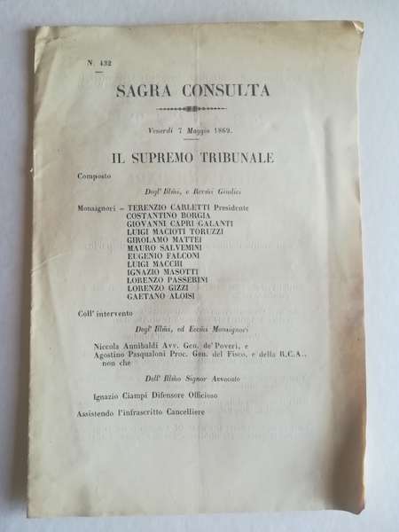 Sagra Consulta. Sentenza nella causa intitolata Frascati ossia Rocca di …