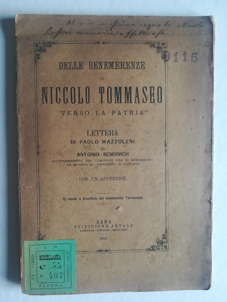 Delle benemerenze di Niccolo' Tommaseo verso la patria. Lettera. ad …