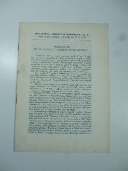 Bollettino "Sodalitas Thomistica" n. 9. Osservazioni sul VII Congresso Tomistico …