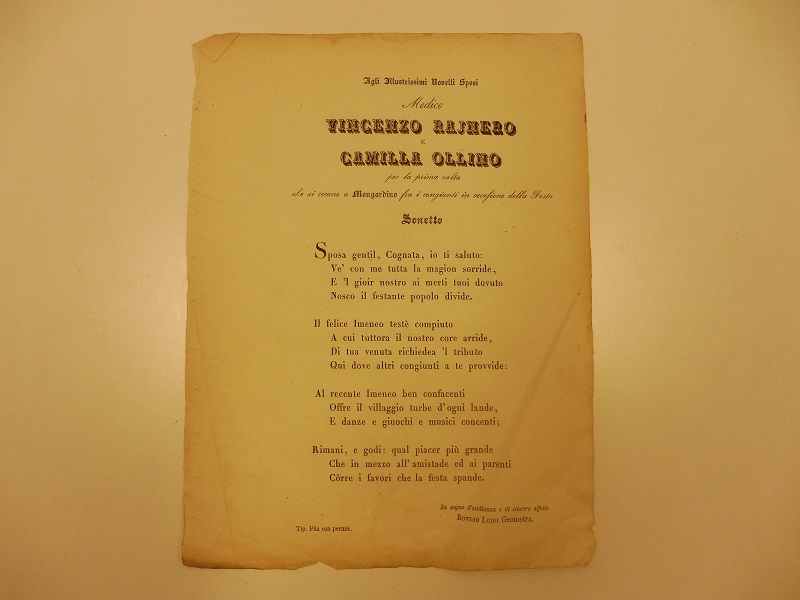 Agli illustrissimi novelli sposi medico Vincenzo Rajnero e Camilla Ollino …