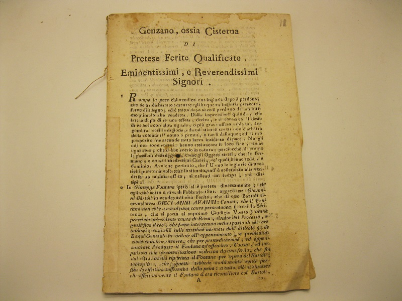 Alla s.gra consulta monsig. ill.mo e r.mo Lazzari Ponente. Genzano …