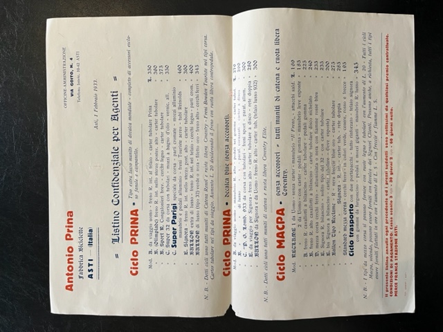 Antonio Prina. Fabbrica biciclette, Asti. Listino confidenziale per agenti, 1 …