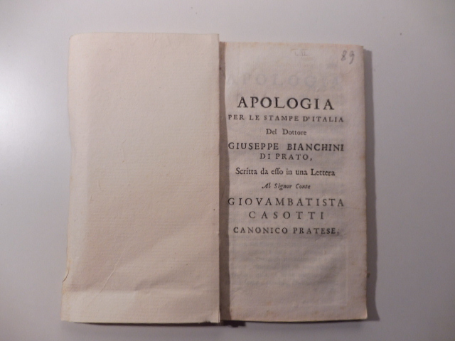 Apologia per le stampe d'Italia del Dottor Giuseppe Bianchini di …