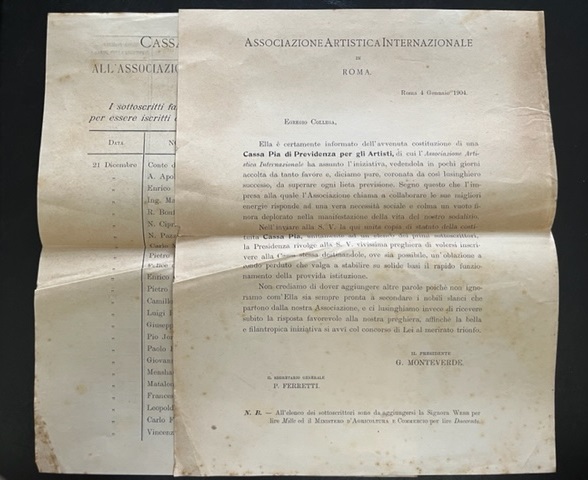 Associazione artistica internazionale di Roma. Cassa Pia di Previdenza (due …