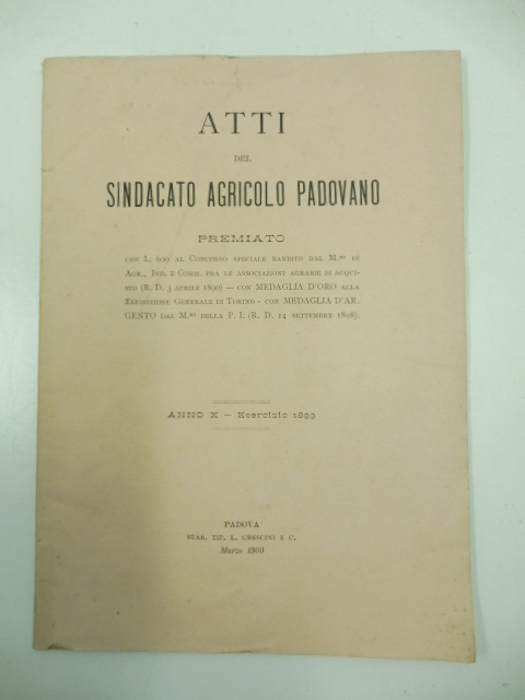 Atti del Sindacato agricolo padovano, premiato con L. 600 al …