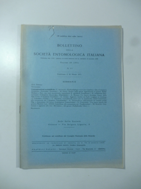 Bollettino della Societa' entomologica italiana, volume 105, n. 1-3, 1973