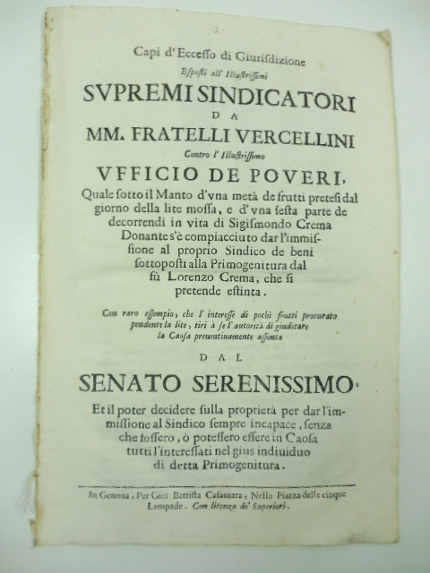 Capi d'eccesso di giurisdizione esposti all'Illlustrissimi supremi sindicatori da MM. …