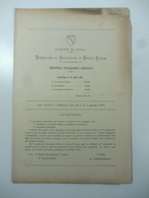 Comune di Roma. Direzione di statistica e stato civile. Bullettino …