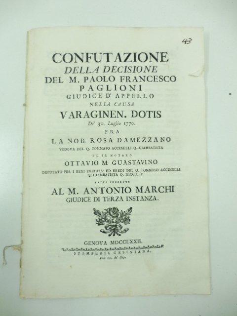 Confutazione della decisione del M. Paolo Francesco Paglioni giudice d'appello …