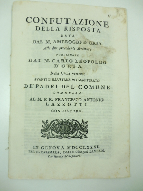 Confutazione della risposta data dal M. Ambrogio D'Oria alle due …