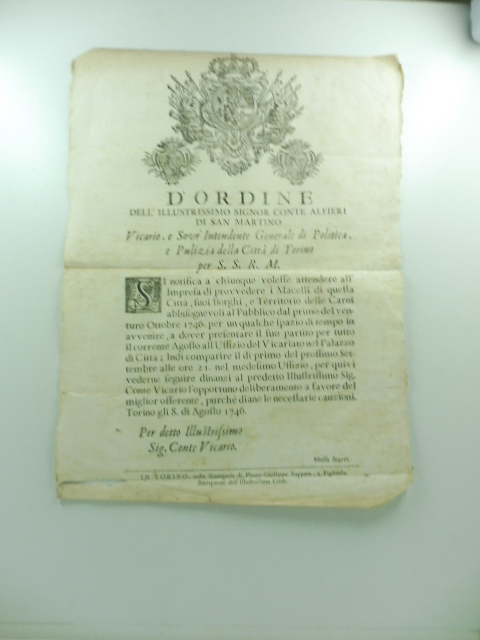D'ordine dell'illustrissimo Signor conte Alfieri di San Martino vicario e …