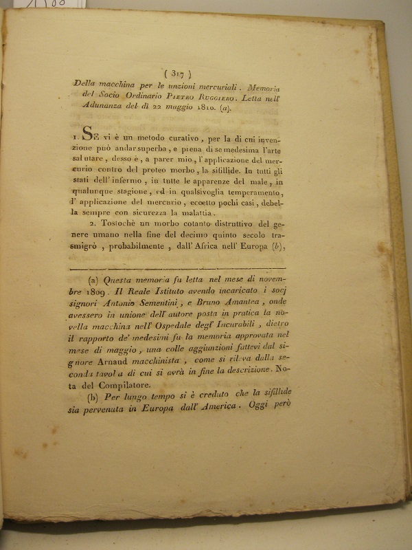 Della macchina per le unzioni mercuriali. Memoria.