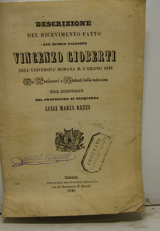 Descrizione del ricevimento fatto all'esimio filosofo Vincenzo Gioberti nell'Universita' romana …