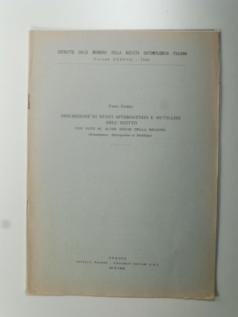 Descrizione di nuovi apterogynidi e mutillidi dell'Egitto con note su …