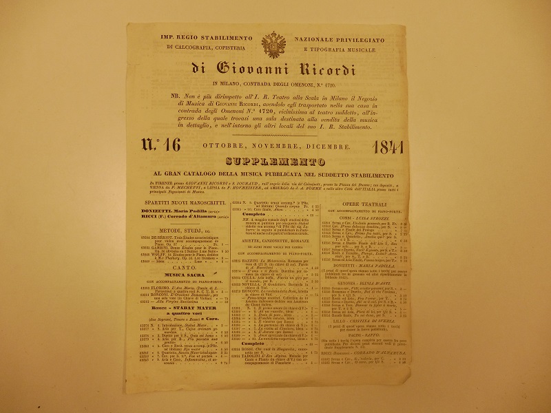 Di Giovanni Ricordi in Milano, contrada degli Omenoni, no 1720, …