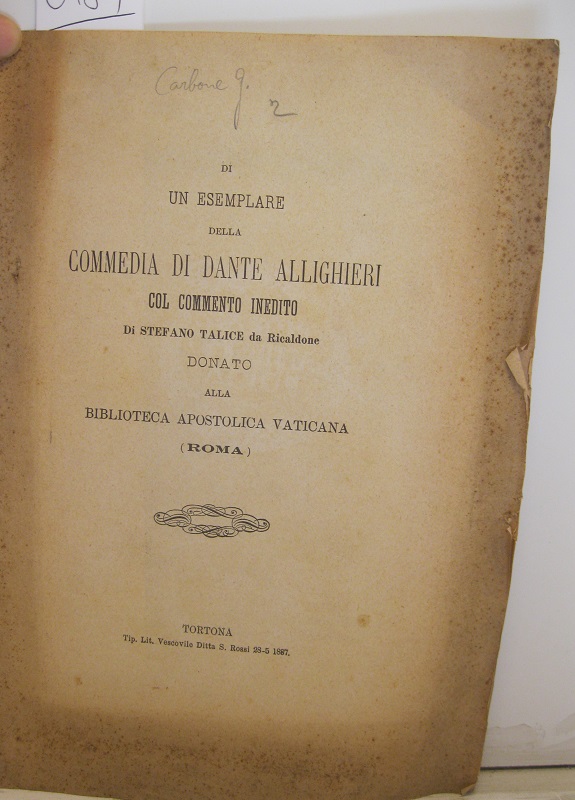 Di un esemplare della Commedia di Dante Allighieri col commento …