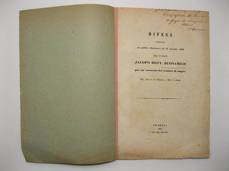 Difesa pronunciata nel pubblico dibattimento del 16 settembre 1858 dall?Avvocato …