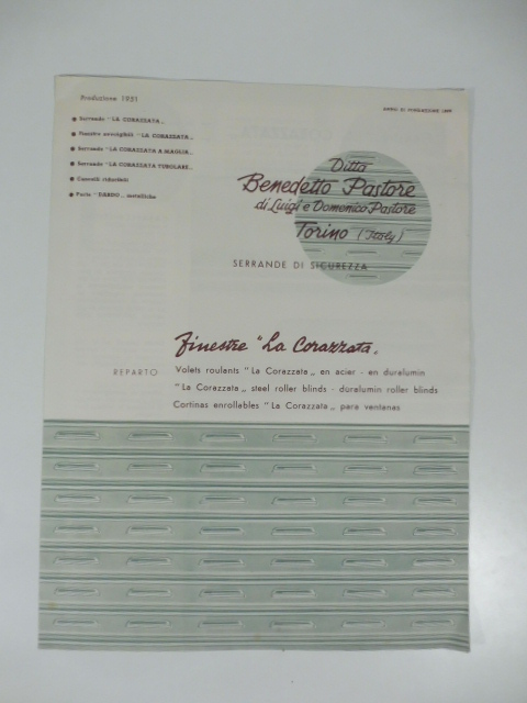 Ditta Benedetto Pastore, Torino. Serrande di sicurezza. Finestre La corazzata. …