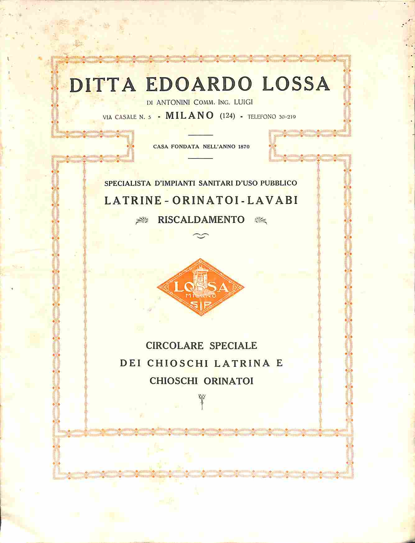 Ditta Edoardo Lossa specialista d'impianti sanitari d'uso pubblico. Latrine, orinatoi, …