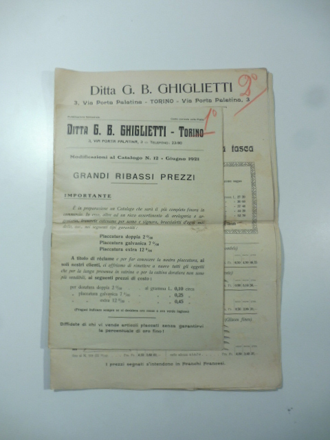 Ditta G. B. Ghiglietti. Torino. Modifiche catalogo n. 12. Luglio …