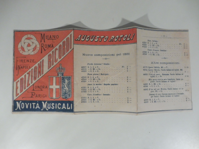 Edizioni Ricordi. Novita' musicali 1881. Pieghevole pubblicitario