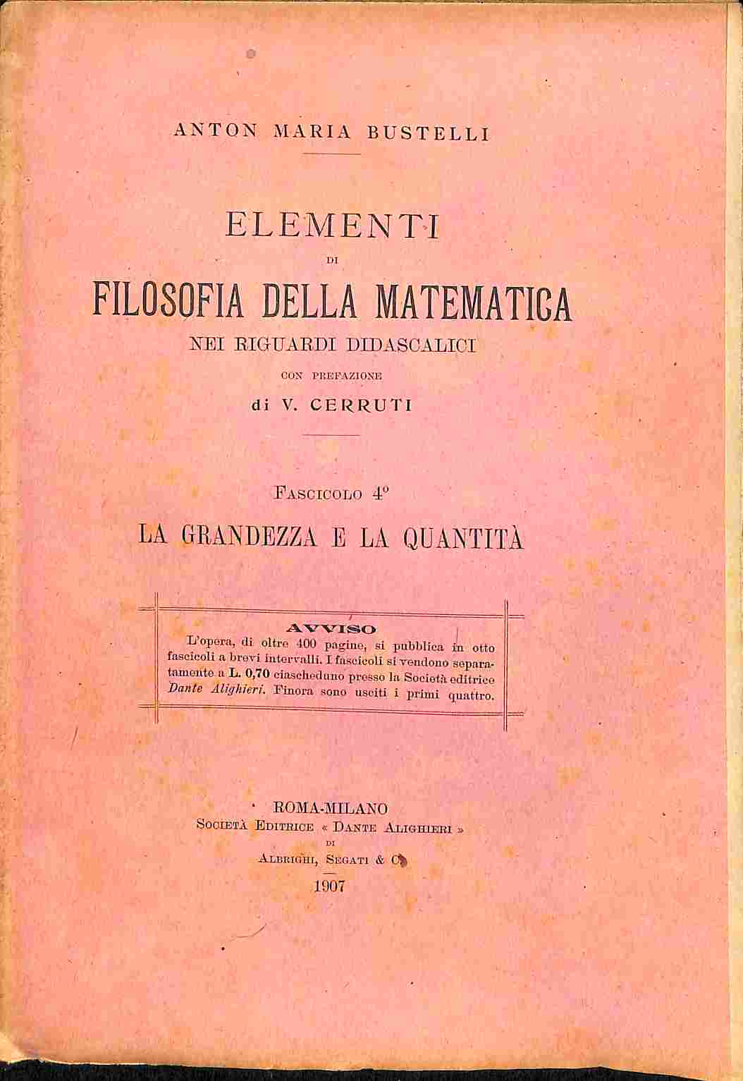 Elementi di filosofia della matematica nei riguardi didascalici. Fascicolo 4o. …