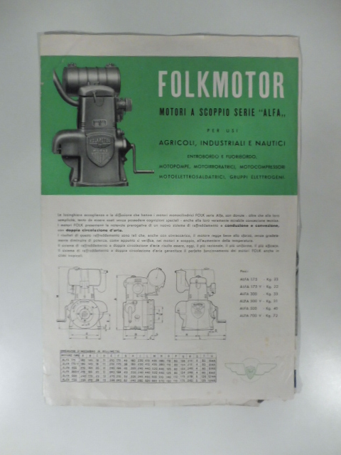 Folkmotor. Motori a scoppio serie Alfa; Propulsore fuoribordo Iap. Pieghevole …
