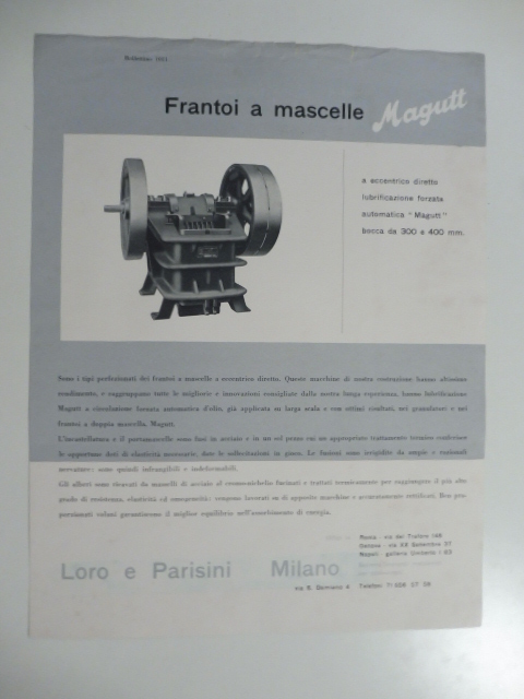 Frantoi a mascelle Magutt. Loro e Parisini. Grafica dello Studio …