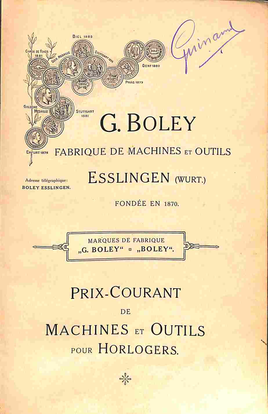 G. Boley fabrique de machines et outils, Esslingen. Prix courant …