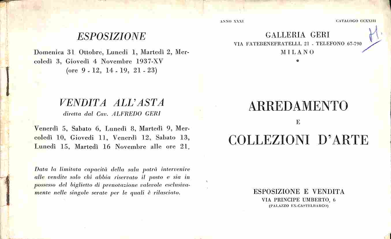 Galleria Geri. Arredamento e collezioni d'arte (catalogo della vendita all'asta)