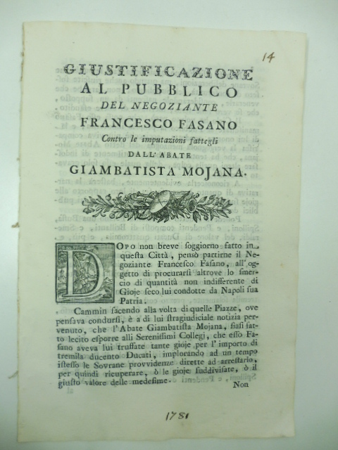 Giustificazione al pubblico del negoziante Francesco Fasano contro le imputazioni …