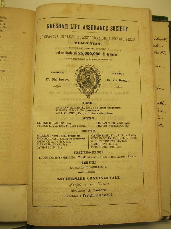 Gresham Life Assurance Society. Assicurazioni in caso di morte. Cenno …