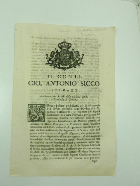 Il conte Gio. Antonio Sicco d'Ourano intendente per S. M. …