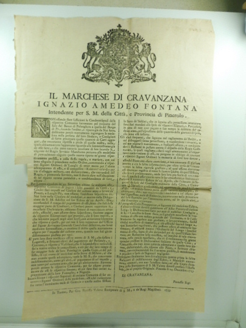Il marchese di Cravanzana Ignazio Amedeo Fontana intendente per S. …