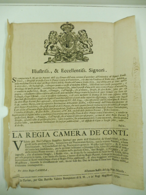 Illustriss. & Eccellentiss. Signori. S'e' compiaciuta S.M. per sue patenti …