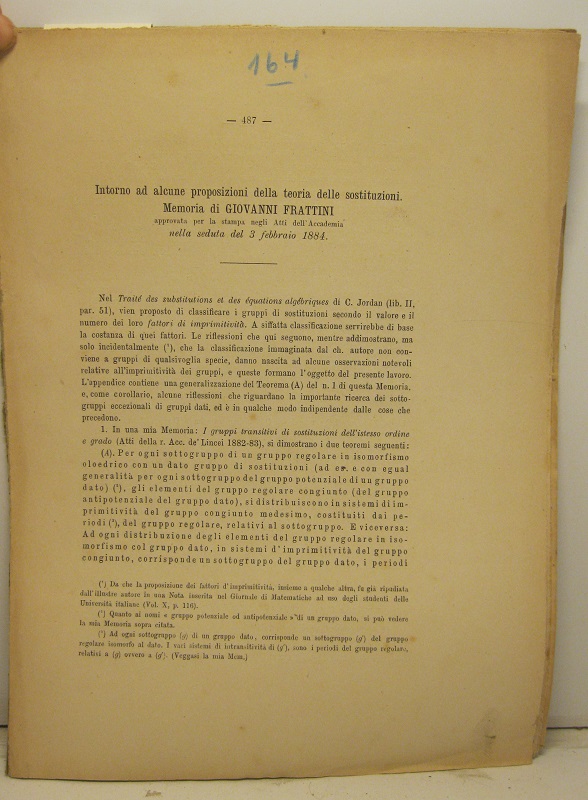 Intorno ad alcune proposizioni della teoria delle sostituzioni. Memoria approvata …